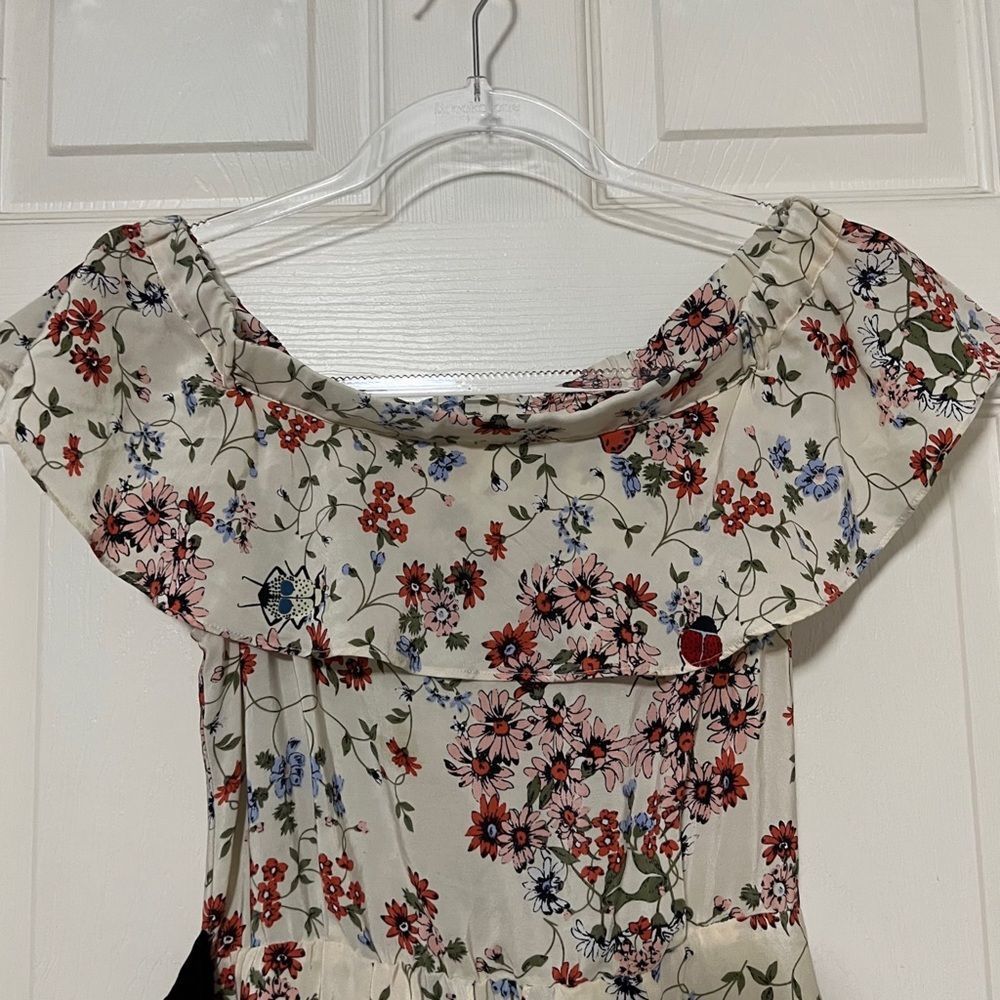 Maje | Modern Cottagecore | Lined |Silk | Butterfly Ladybug Ruffled Floral Dress - Picture 5 of 13